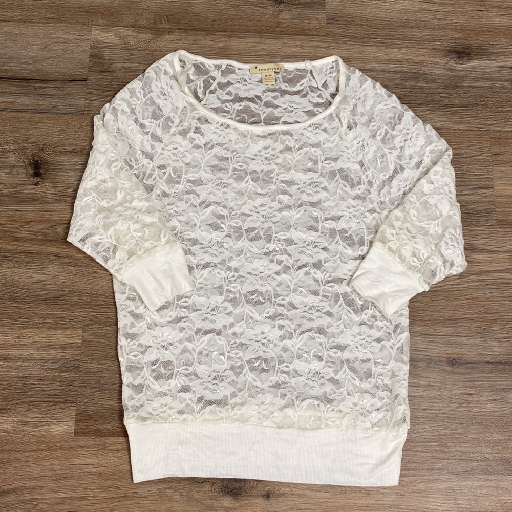 NEW Forever 21 White Floral Lace Sheer Top Size M